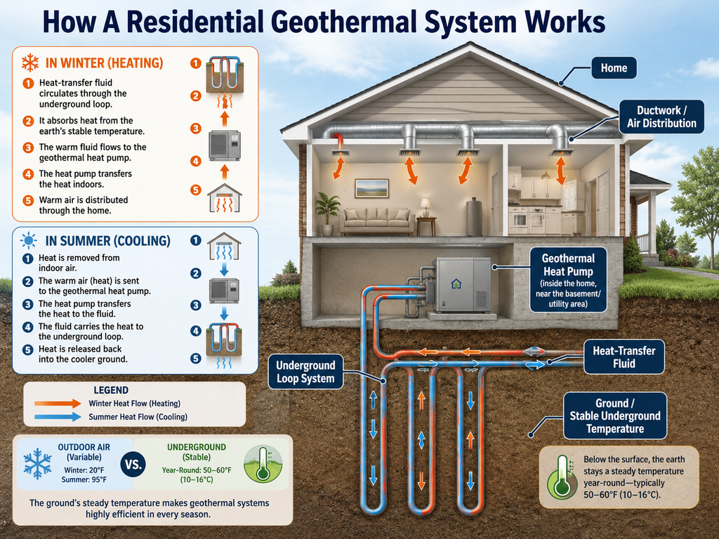 Diagram of a residential geothermal heat pump system showing underground ground loops, heat transfer, and how the home is heated in winter and cooled in summer.