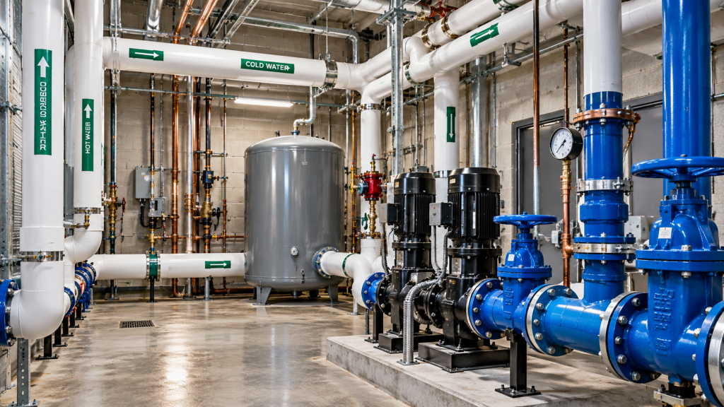 Commercial mechanical room with industrial plumbing pipes, water pumps, valves, and pressure tank.